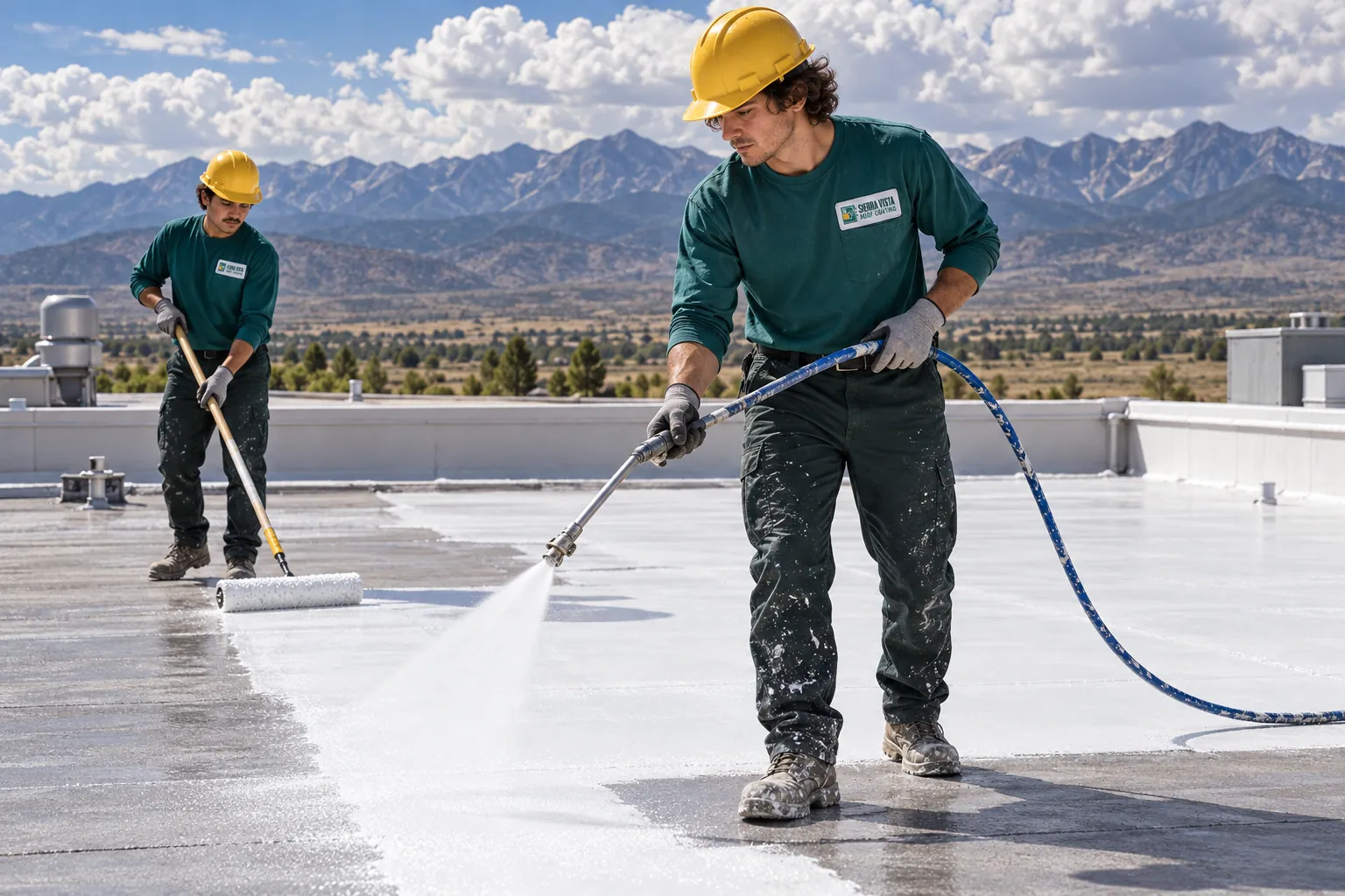 Roofers spraying and back-rolling white coating across a flat commercial roof in Sierra Vista, AZ