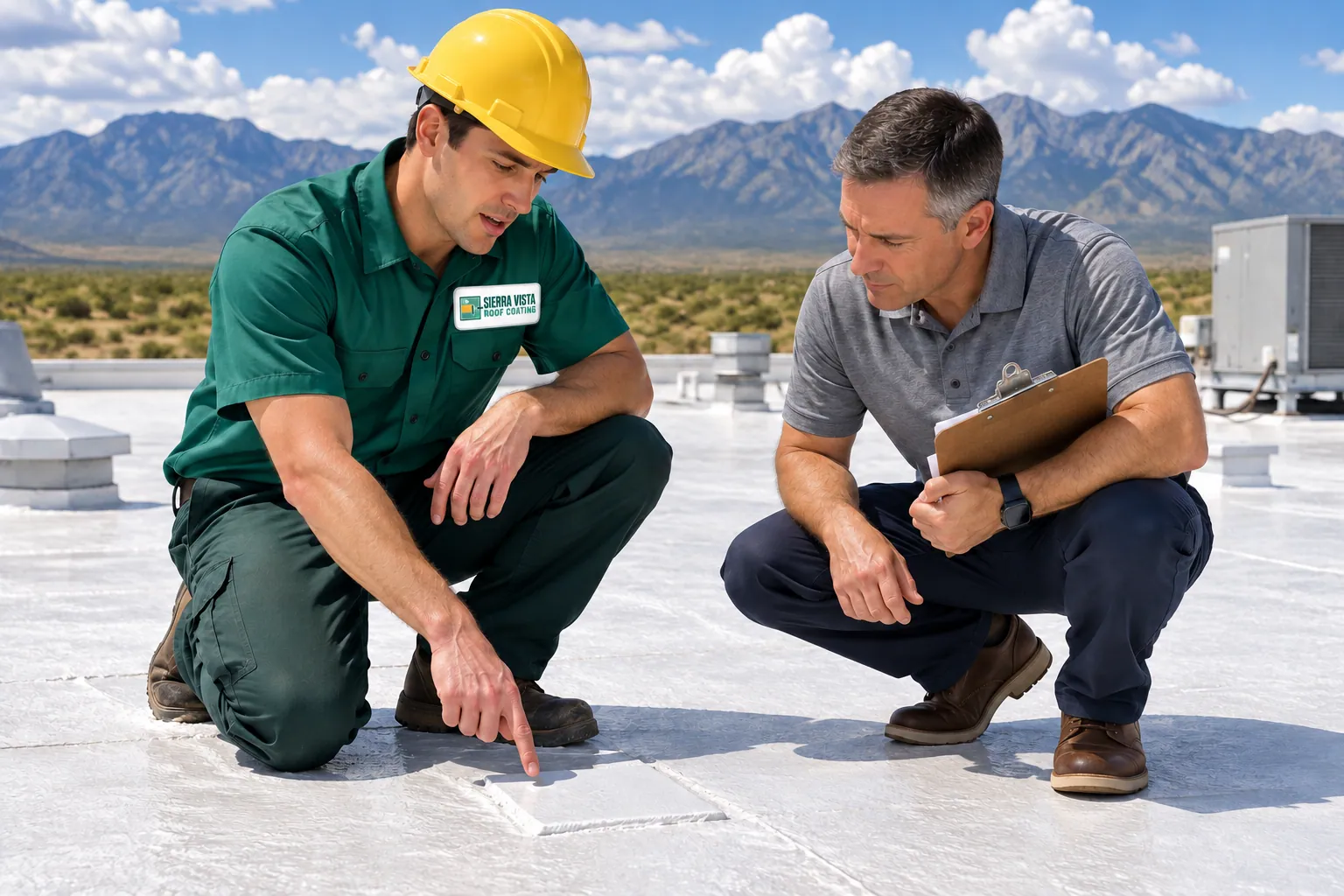 Roofer kneeling with a property owner, pointing at a seam on a coated roof
