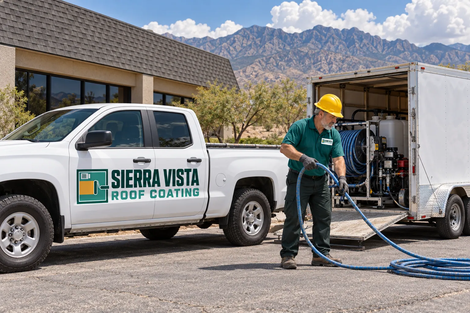Roofer pulling spray hose from a trailer-mounted coating rig beside a work truck