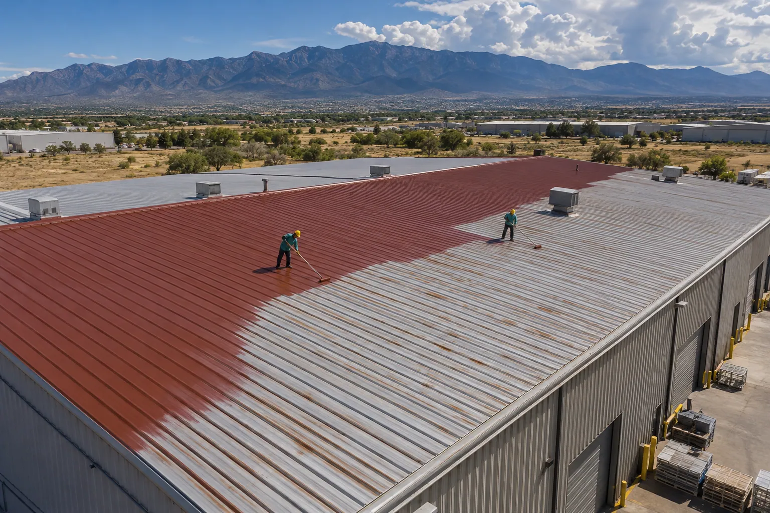 Roofers applying red rust-inhibiting primer across a metal warehouse roof
