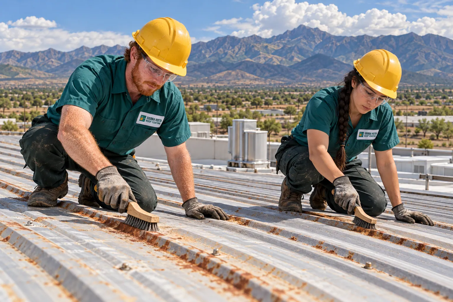 Roofers wire-brushing rust from metal panels