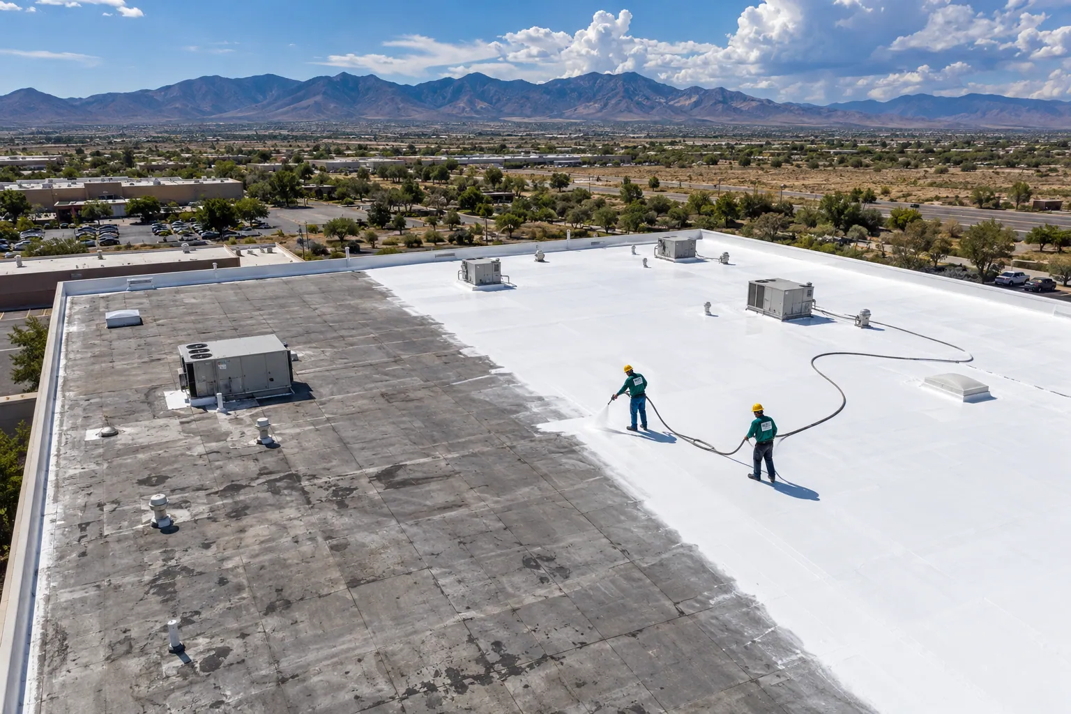 Two roofers spraying white silicone coating over half of a gray flat roof