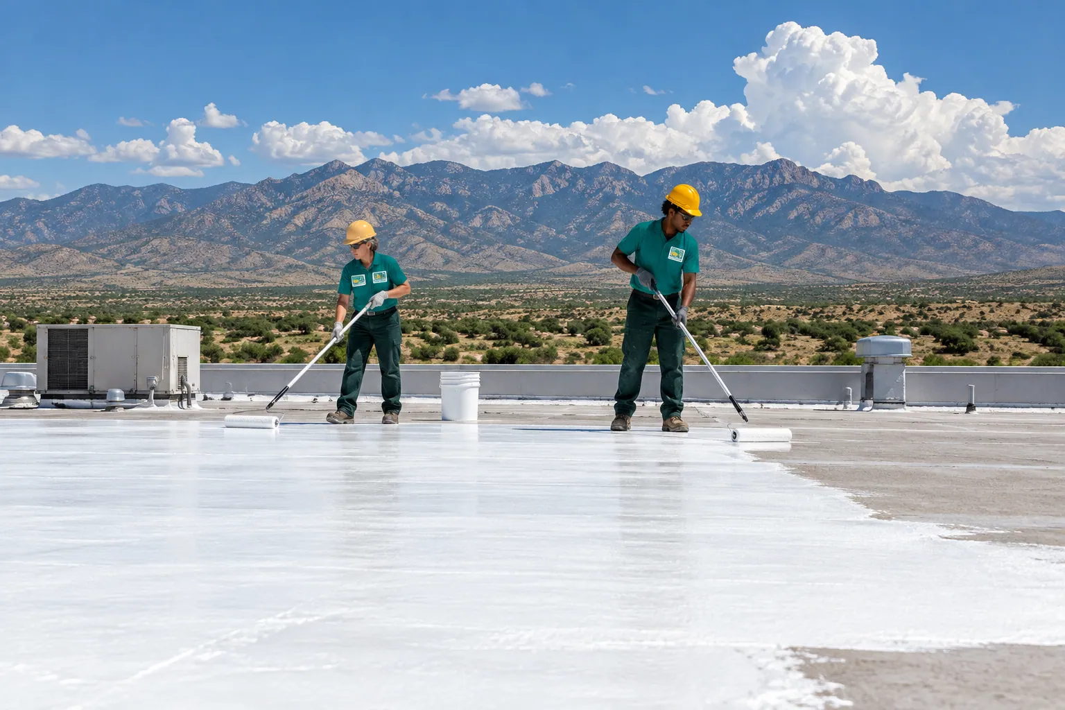 Two roofers rolling white acrylic coating across a low-slope commercial roof