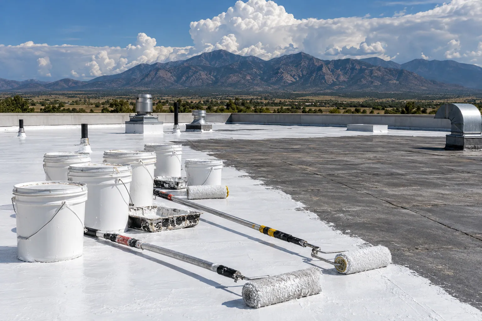 Acrylic coating buckets and rollers staged on a roof