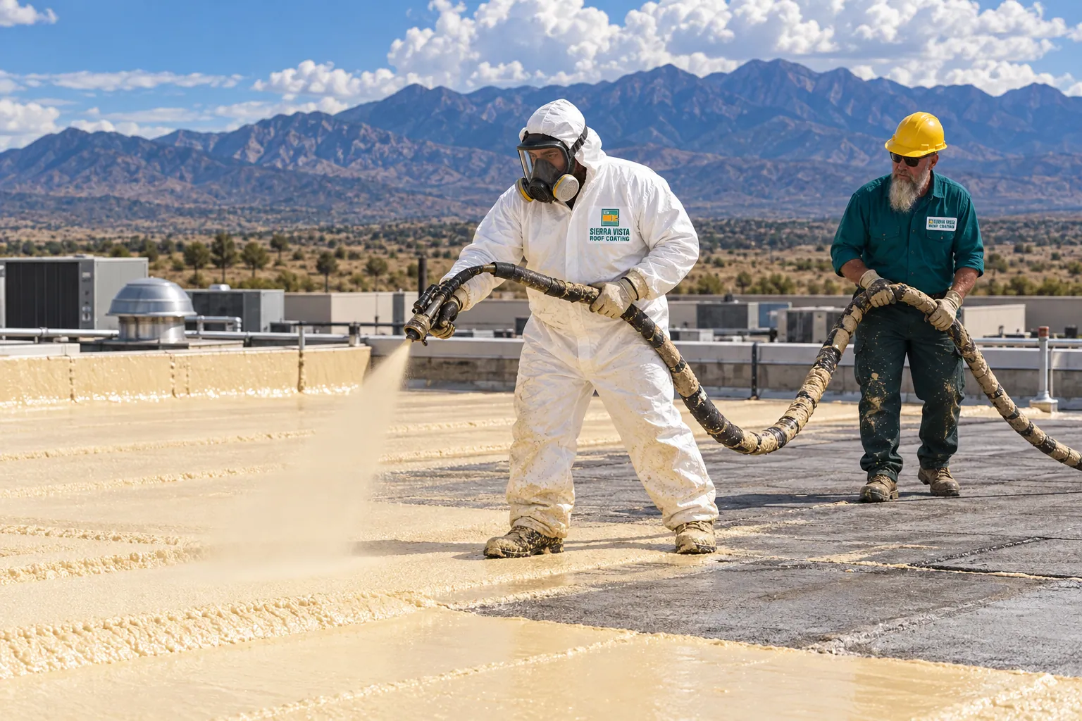 Sprayer in a protective suit applying spray foam while a roofer manages the hose
