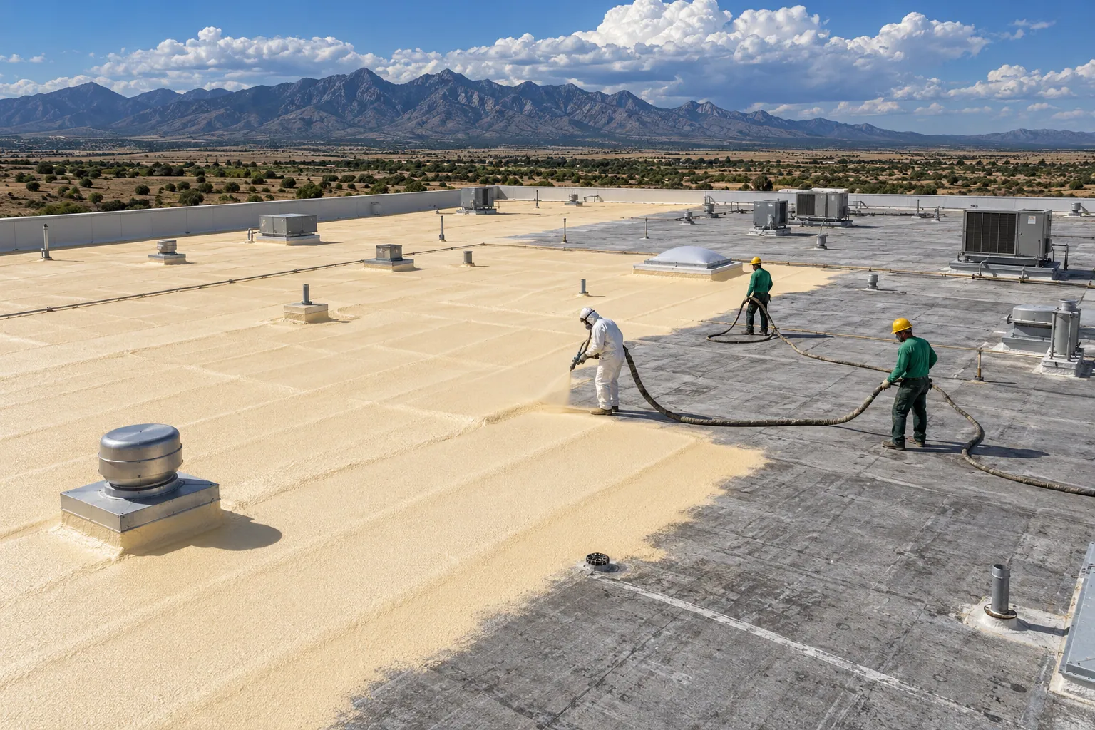 Fresh spray foam on a flat roof