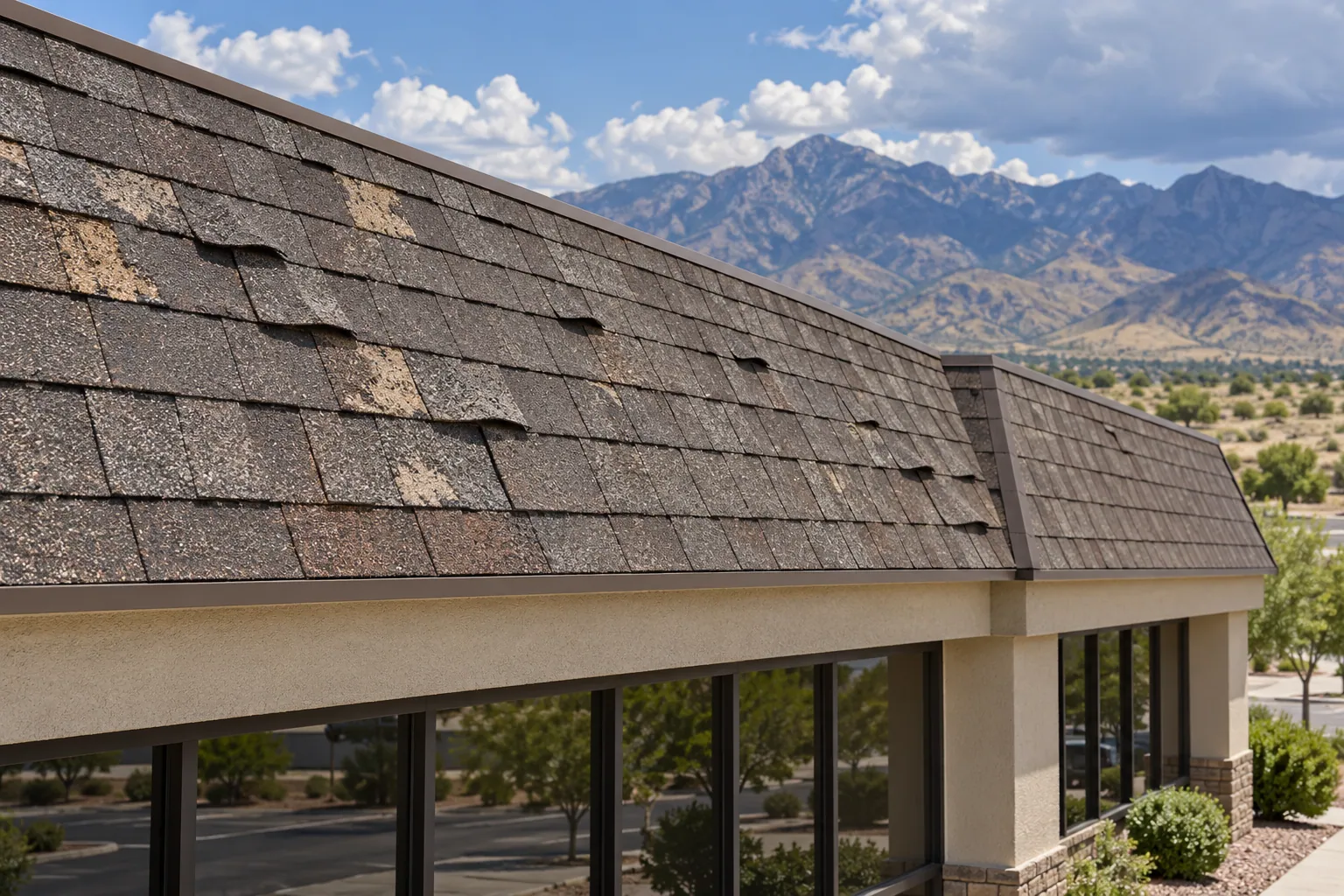 Worn shingles on a commercial mansard