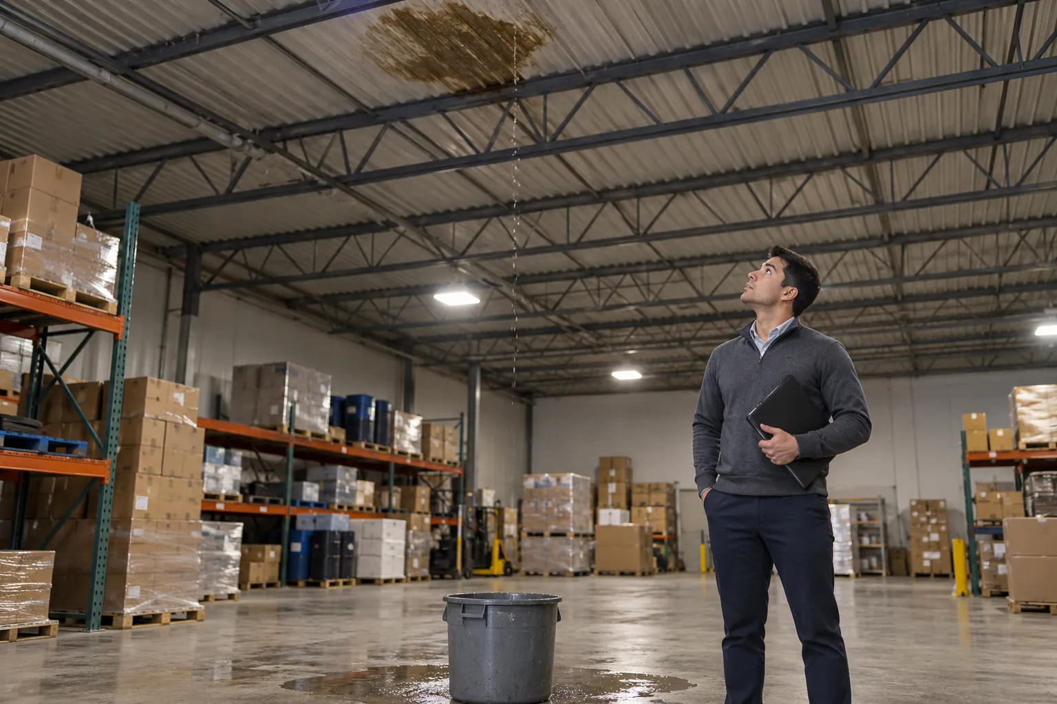 Facility manager in a warehouse looking up at a ceiling leak stain over a bucket