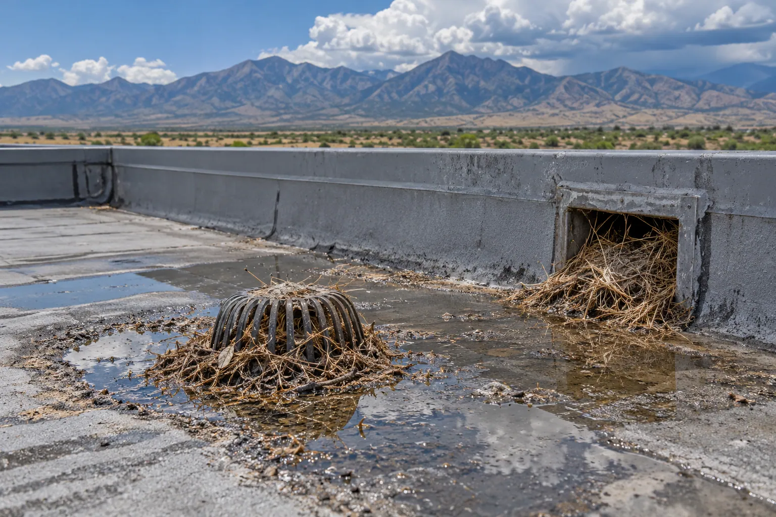 Clogged roof drain and scupper with ponding water on a commercial roof