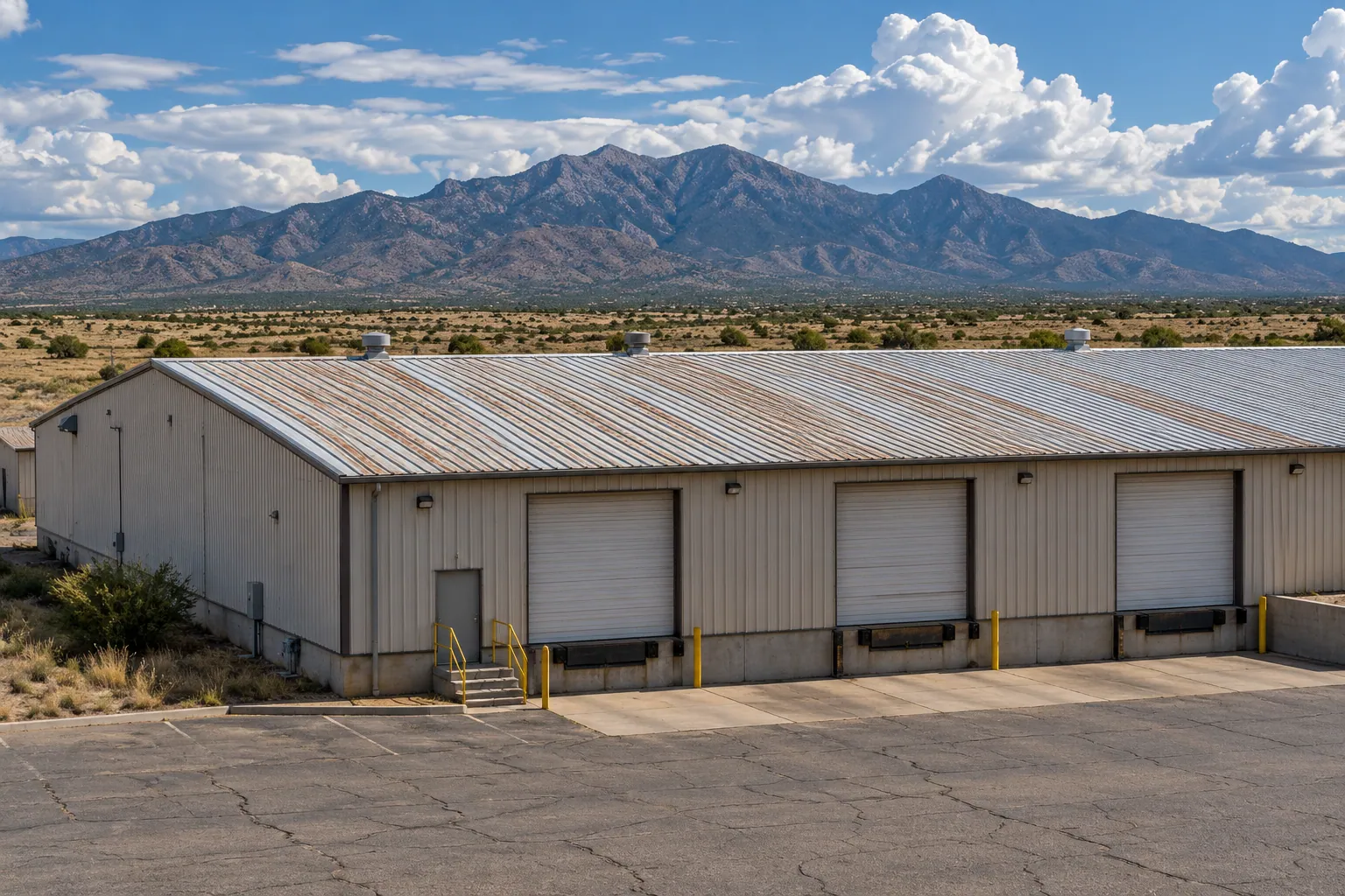 Tan metal warehouse with roll-up doors and an aged roof under a mountain range