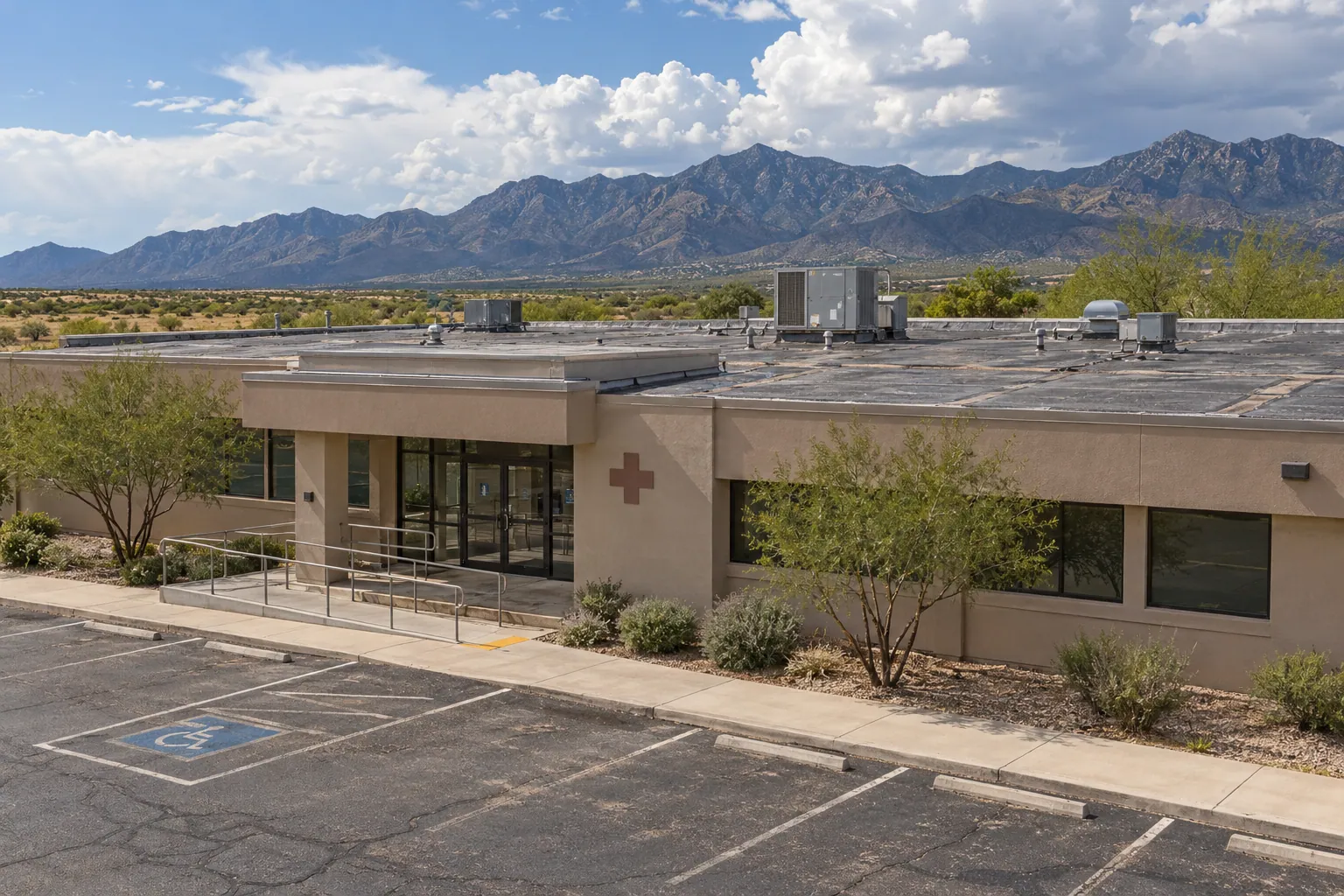 Single-story commercial building with a flat roof and rooftop units in Huachuca City, AZ