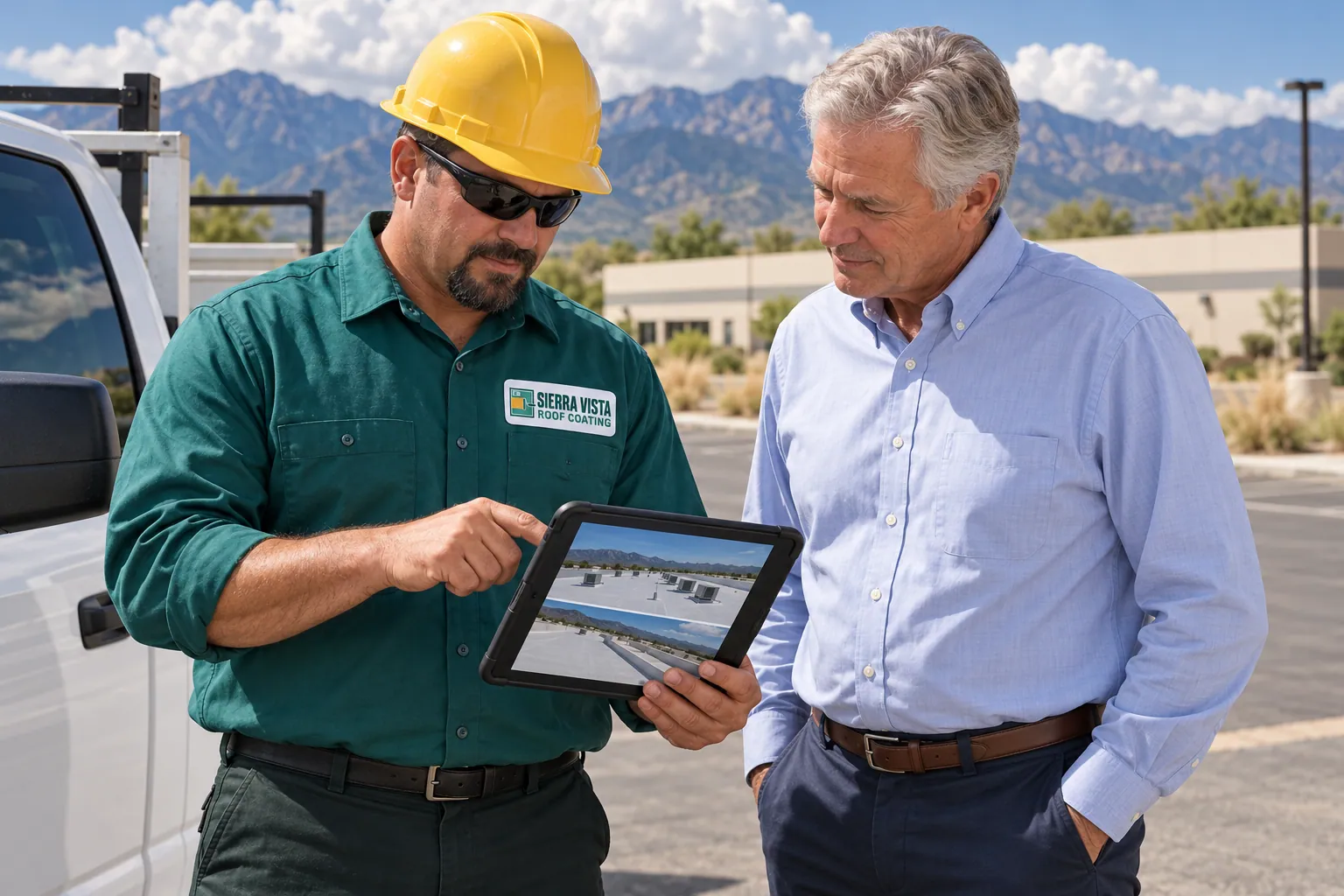 Roofer showing a tablet with a roof photo to a building owner beside a work truck